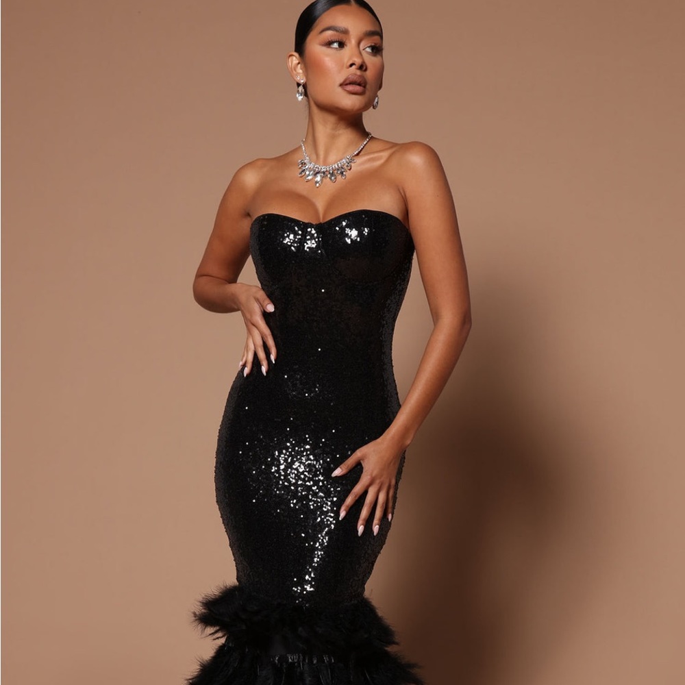 Julianne Maxi Feather Sequin Dress-Black